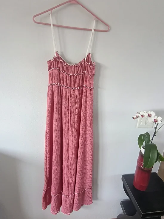 See You Monday Maxi Dress Medium Pink Boho Ruffle Flowy Sundress Tie Front - Picture 7 of 10